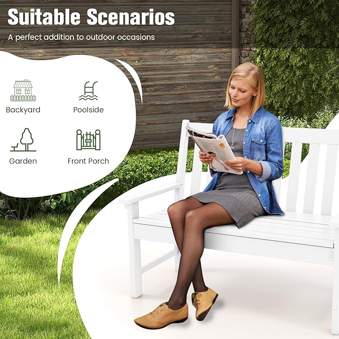 Tangkula HDPE Outdoor Garden Bench with Backrest, 2-Person All-Weather Patio Loveseat Chair with Slatted Seat, 705 lbs Weight Capacity, Patio Benches for Balcony, Garden, Porch, Backyard & Park, White