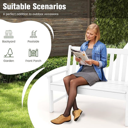 Tangkula HDPE Outdoor Garden Bench with Backrest, 2-Person All-Weather Patio Loveseat Chair with Slatted Seat, 705 lbs Weight Capacity, Patio Benches for Balcony, Garden, Porch, Backyard & Park, White
