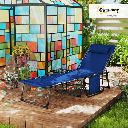 Outsunny Folding Chaise Lounge Chair Outdoor Tanning Chair with Side Table, 5-Level Adjustable Beach Lounge Chair with Headrest, Side Pocket for Patio, Backyard, Beach, Poolside, Dark Blue