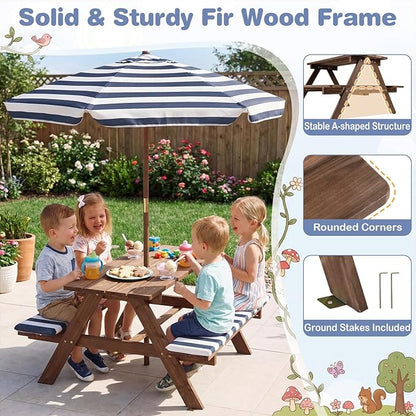 Costzon Kids Picnic Table, Wooden Toddler Outdoor Table & Bench Set with Removable Umbrella & Cushions, Stripe Fabric, Kids Outdoor Furniture for Patio Backyard Garden, Fits 4 Children Age 3+ (Navy)