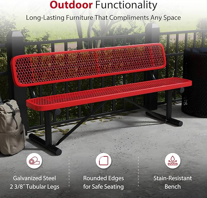 Leisure Craft Metal Outdoor Bench with Back - 6 Foot Heavy Duty Bench Seating for Garden, Porch, Picnic, Park, Expanded Metal, Thermoplastic Coating, Commercial Grade Furniture Made in USA - Red