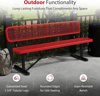 Leisure Craft Metal Outdoor Bench with Back - 6 Foot Heavy Duty Bench Seating for Garden, Porch, Picnic, Park, Expanded Metal, Thermoplastic Coating, Commercial Grade Furniture Made in USA - Red