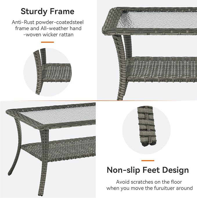 Outdoor Coffee Table - Patio Rattan Wicker Coffee Table with Tempered Glass Top and 2-Tier Storage Outdoor Table for - Photo 6