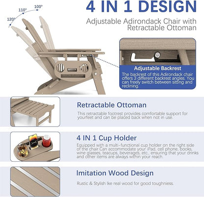 FOOWIN Adirondack Chair with Retractable Ottoman,HDPE Folding Adjustable Adirondack Chair w/4 in 1 Cup Holder Trays,All-Weather Resistant Fire Pit Chair for Outdoor Patio Lawn Set of 6