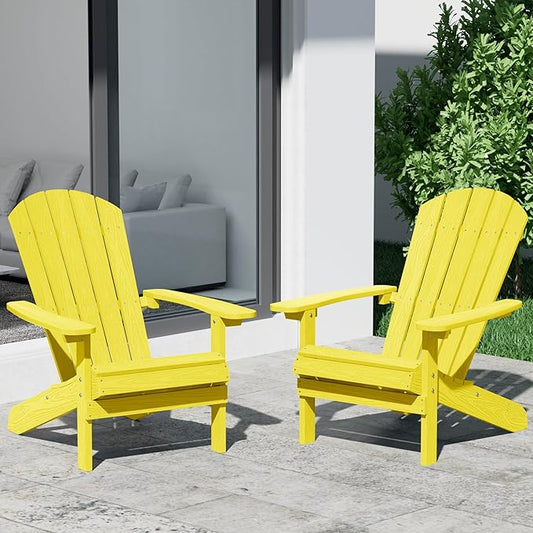 YEFU Adirondack Chairs Set of 2: Plastic Adirondack Chairs - Patio Chairs with Wood Texture - Outdoor Chair HIPS - Lawn Fire Pit Deck Porch Garden Chairs for Adults (Yellow)