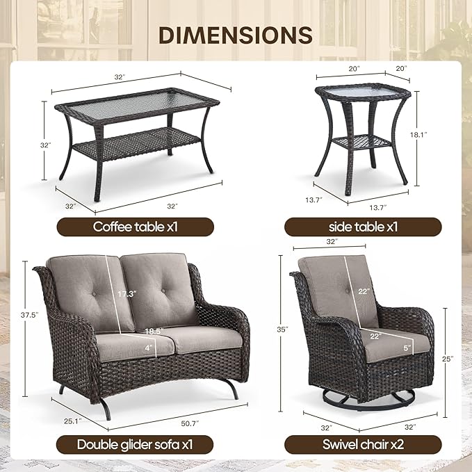 Patio Loveseat Glider Set, Resin Wicker Loveseat Glider with 2 Swivel Patio Chiars Coffee Table and Side Table, 5 Piece Patio Furniture Set Loveseat Set, Brown Wicker|Grey Cushions