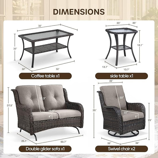 Patio Loveseat Glider Set, Resin Wicker Loveseat Glider with 4 Swivel Patio Chiars Coffee Table 2 Side Table, 8 Piece Patio Conversation Loveseat Set, Brown Wicker|Grey Cushions