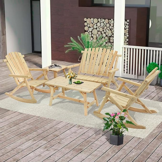 5-Piece Outdoor Log Wood Rocking Set, Rustic Wooden Conversation Set Including 2-Seater Loveseat, 2 Coffee Tables, 2 Log Rocker Chairs, Patio Furniture Chair Set for Garden, Lawn Yard, Natural