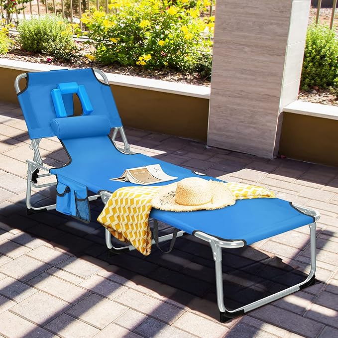 Goplus Tanning Chair, Folding Beach Lounge Chair with Face &Arm Hole, 5-Position Adjustable, Removable Pillow - Photo 2