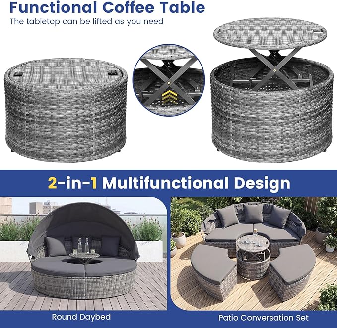 HAPPYGRILL Rattan Daybed with Canopy, Outdoor Wicker Round Daybed Patio Seating with Cushions & Adjustable Side Table - Photo 7