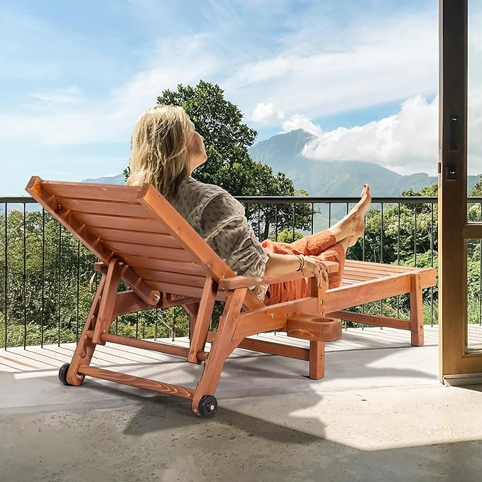 VINGLI Outdoor Chaise Lounge Chair, Wooden Patio Lounger Chair with Adjustable Backrest - Photo 6