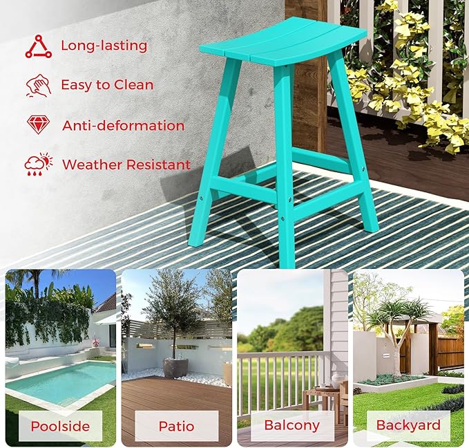 Costaelm All-Weather Bar Stools Set of 3, 24" Height Outdoor Bar Stools, Adirondack Poly Patio Bar Stool for Patio, Deck, Kitchen Counter and Garden, Turquoise