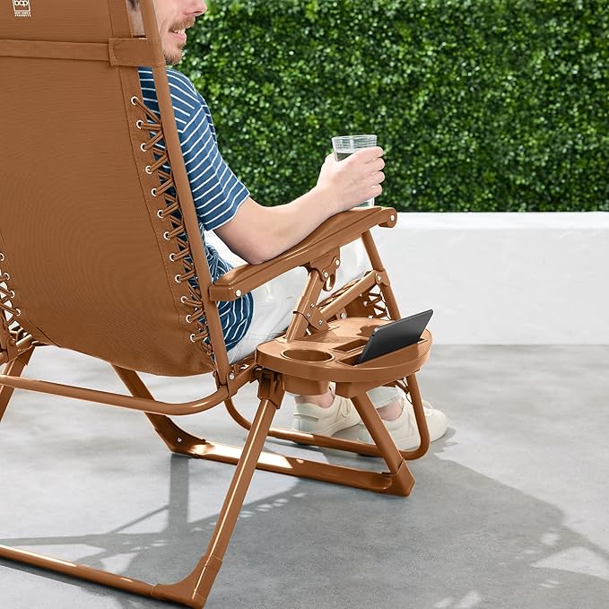 Best Choice Products Adjustable Zero Gravity Chair, Monochromatic Color Folding Patio Recliner w/Side Tray, Headrest - Desert