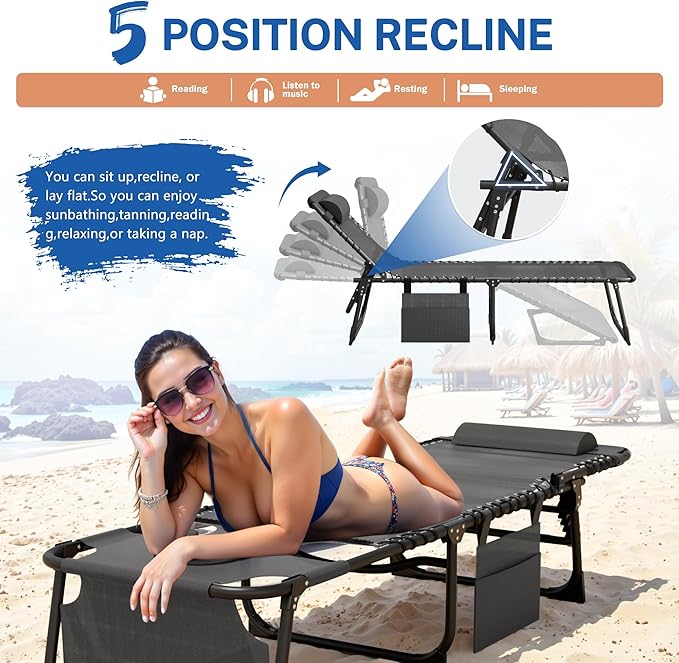 Devoko Beach Lounge Chair, Outdoor Sun Tanning Chair with Face Hole, Heavy Duty Folding Portable Lay Chaise Lounge Chairs for Outside Beach Pool Camping Patio, Gray