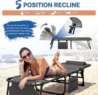 Devoko Beach Lounge Chair, Outdoor Sun Tanning Chair with Face Hole, Heavy Duty Folding Portable Lay Chaise Lounge Chairs for Outside Beach Pool Camping Patio, Gray