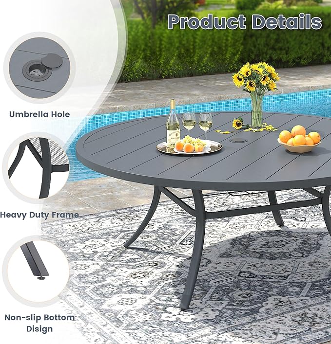 VICLLAX 63" Outdoor Patio Dining Table for 8-10, Metal Round Table with Umbrella Hole for Deck Lawn Garden Backyard, Dark Grey