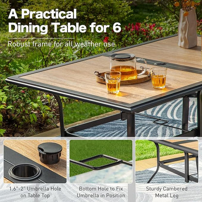60" Patio Dining Table for 6,Teak Color Rectangle Patio Table with Umbrella Hole,E-Coating and Powder Coating Steel Frame Metal Outdoor Patio Table for Garden Backyard Lawn Yard