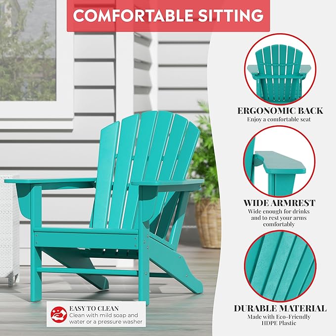 Costaelm Outdoor Adirondack Chair, HDPE Patio Chair, Weather Resistant Lawn Firepit Outside Chairs for Porch, Poolside, Garden, Backyard Deck, Turquoise