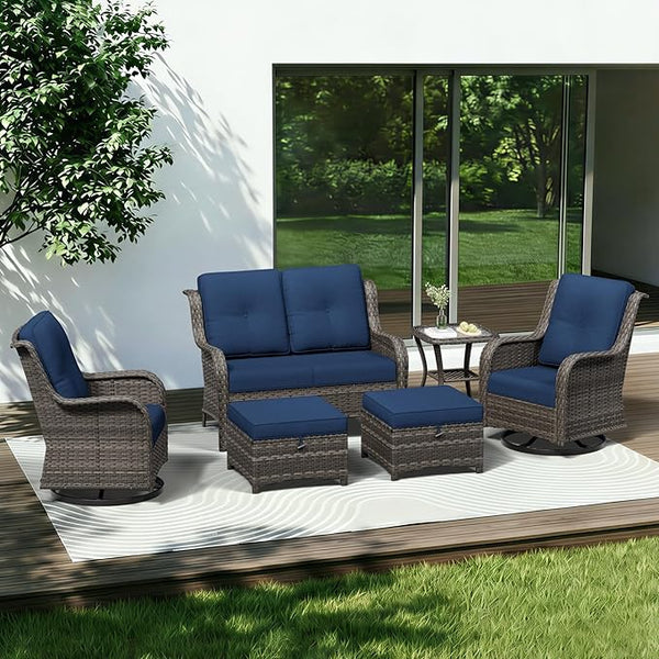 6 Piece Outdoor Wicker Patio Furniture Set, Outdoor Swivel Rocker Patio Chairs Set with Thickened Olefin Cushions - Photo 1