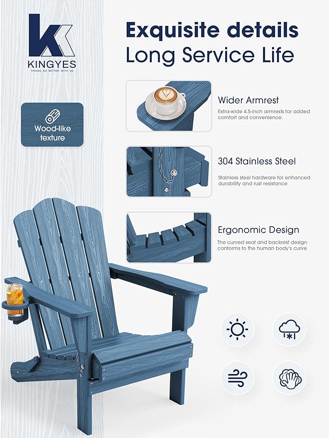 KINGYES Folding Adirondack Chair, HDPE All-Weather Patio Chairs with Cup Holder - Photo 8
