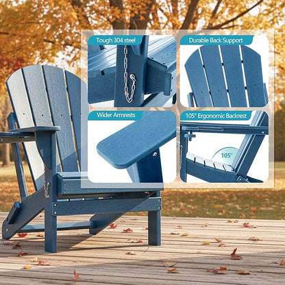 Folding Outdoor Adirondack Chairs Set of 1 with HDPE Side Tables-Plastic Weather Resistant Patio Chairs with Small Outdoor Side Tables 2 Storage for Patio,Fire Pit, Garden and Backyard