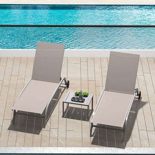Domi Chaise Lounge Outdoor Set of 3, Lounge Chairs for Outside with Wheels, Outdoor Lounge Chaise with 5 Adjustable Position, Pool Lounge Chairs for Patio, Beach, Yard, Deck, Poolside, Khaki
