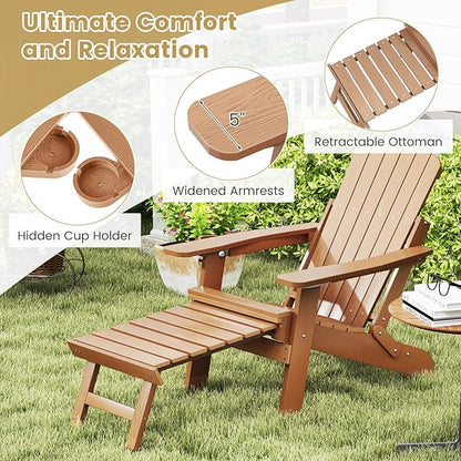 Giantex Folding Adirondack Chair, All-Weather Lounge Chair with Adjustable Backrest, Retractable Ottoman, Cup Holder, HIPS Fire Pit Chair for Lawn, Pool, Patio, Porch (1, Brown)