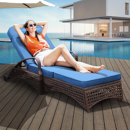 NOBLEMOOD Chaise Lounge Outdoor Wicker Lounge Chair with Wheels, Adjustable 6 Position Pool Reclining Chair with Blue Thickened Fabric Cushion & Pillow, Pack of 6