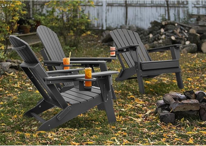 FUNBERRY Folding Adirondack Chairs Set of 2 with Adjustable Backrest, HDPE All Weather Fire Pit Chairs with Cup Holder
