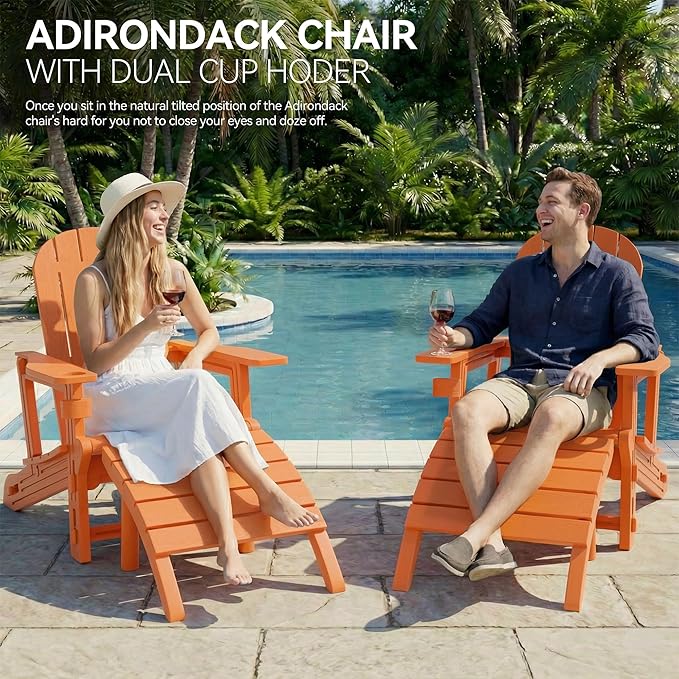 Vongrasig Adirondack Chairs Set of 2 with Removable Tabletop and Footrest, All-Weather HDPE Outdoor Chair Set with Wooden Textured, Cup Holder for Patio, Poolside, Deck, Garden, Orange