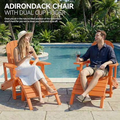 Vongrasig Adirondack Chairs Set of 2 with Removable Tabletop and Footrest, All-Weather HDPE Outdoor Chair Set with Wooden Textured, Cup Holder for Patio, Poolside, Deck, Garden, Orange