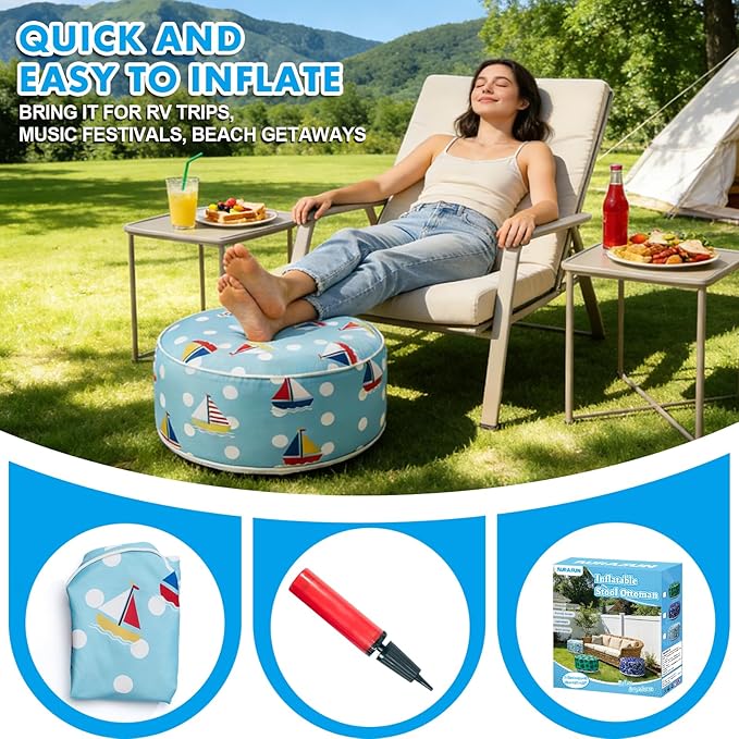AURASUN Inflatable Patio Ottoman Pouf - Portable Stool with Handle D20” x H10” - Air Pump Included for Outdoor Indoor - Photo 5