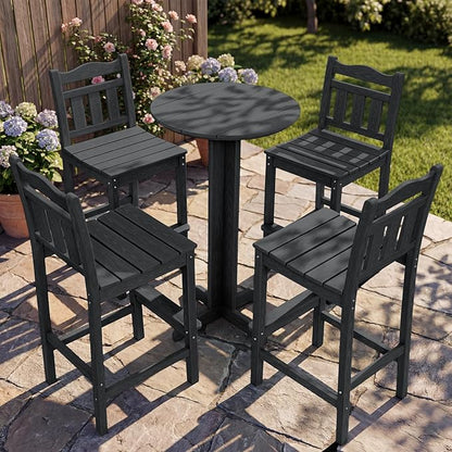 5-Piece Outdoor Bar Set, HDPE Adirondack Bar Height Chairs Set of 4 and Round Pub Table, All Weather Outdoor Patio Bar Furniture for Bistro, Deck, Balcony, Poolside (Black)