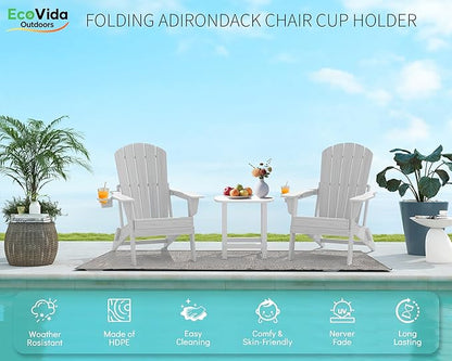 Oversized Folding Adirondack Chair - HDPE All-Weather Outdoor Chair with Cup Holder, 380LB Weight Capacity, UV Protected, White