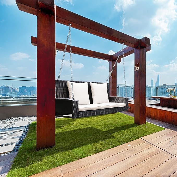 Tangkula 2-Person Wicker Porch Swing, Patiojoy Outdoor Rattan Hanging Swing Bench W/ 2 Back Cushions & 1 Seat Cushion - Photo 4