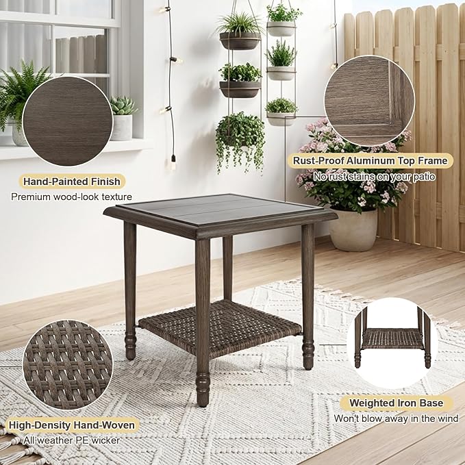 Wicker Outdoor Side Table, Heavy Duty Iron Patio Table for Porch Balcony Deck Garden Poolside