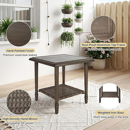 Wicker Outdoor Side Table, Heavy Duty Iron Patio Table for Porch Balcony Deck Garden Poolside