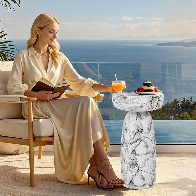 Marble Side Table, 24" Modern Accent Table with Pedestal Stand, Durable Faux Marble Side Table for Small Spaces, Marble Look Coffee Table Accent Drink Tables for Living Room Patio Balcony