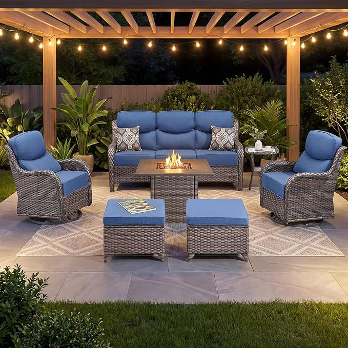 Luxury Patio Furniture Set with 6-inch Thick Cushion, Outdoor Furniture with Fire Pit Table, Swivel Chairs, Sofa - Photo 1