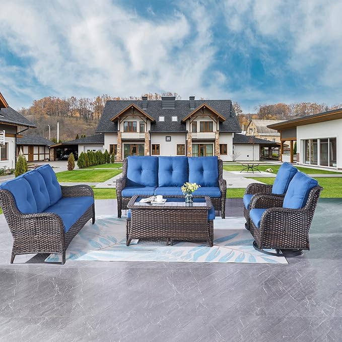 Rilyson Wicker Patio Furniture Set - 7 Piece Rattan Outdoor Sectional Conversation Sets with 2 Rocking Swivel Chairs - Photo 2