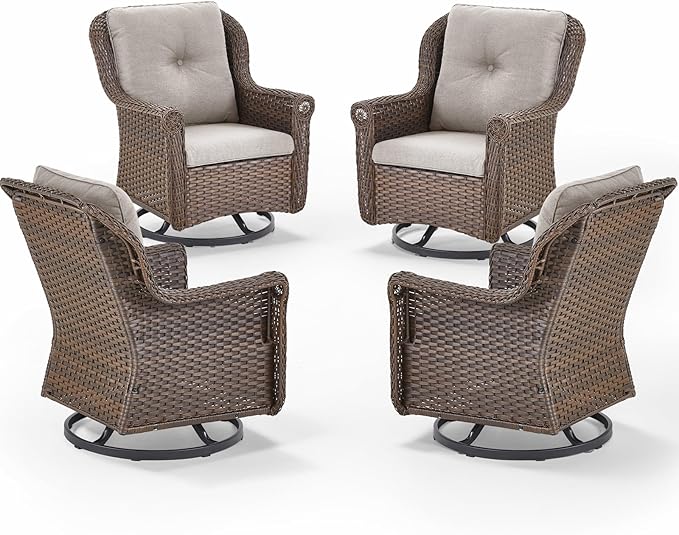 Patio Chairs Outdoor Swivel Glider - Set of 4 High Back Outside Brown Wicker Rattan Rocking Chair with Thick Cushion - Photo 1