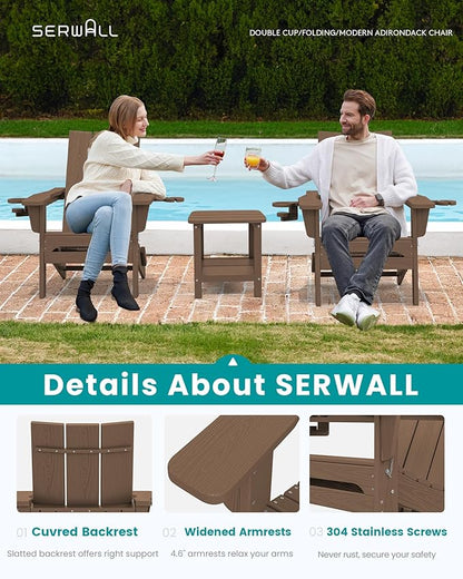SERWALL Modern Adirondack Chair Set of 2, Folding Adirondack Chair with Cup Holders, Outdoor HDPE Fire Pit Chairs for All Weather Use, Brown