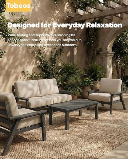 HDPE Patio Furniture Set 10 Seats, Outdoor Couch with Washable Thick Beige Cushions & Coffee Table & Side Table, Outdoor Sectional Furniture for Backyard, Deck, Lawn, Porch (Gray Frame)
