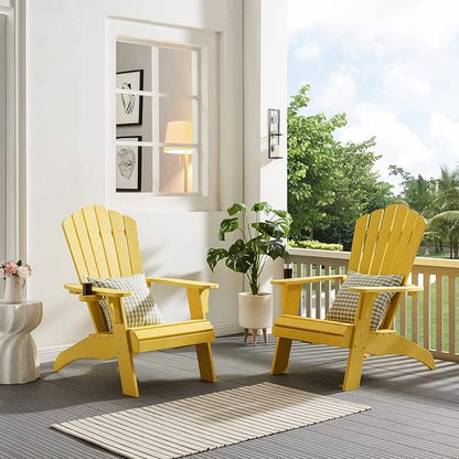 Psilvam Adirondack Chair, Oversized Poly Lumber Fire Pit Chair with Cup Holder, 350Lbs Support Patio Chairs for Garden, Weather Resistant Adirondack Chair Looks Like Real Wood (2, Yellow)