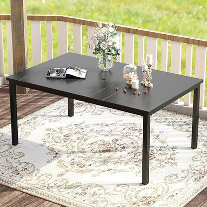 VICLLAX 63" Rectangle Outdoor Dining Table for 6, Patio Table with Umbrella Hole, All Weather Metal Patio Tables, Black Tabletop
