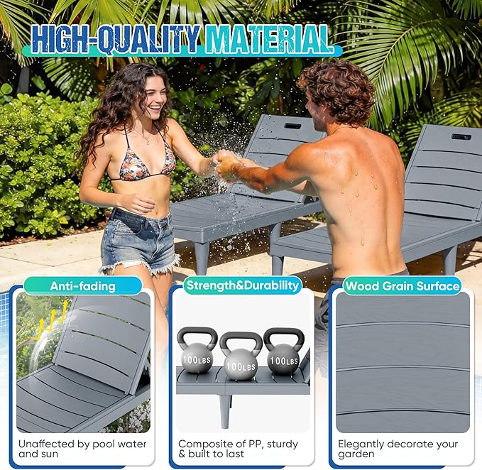 Greesum Outdoor Chaise Lounge Chair Set of 2, Waterproof 5-Position Adjustable PP Sun Loungers for Patio, Poolside, and Beach Sunbathing, Gray
