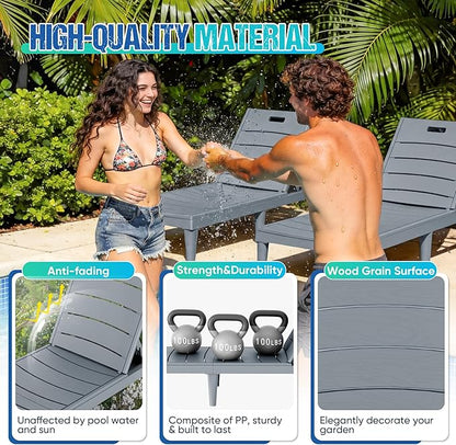Greesum Outdoor Chaise Lounge Chair Set of 2, Waterproof 5-Position Adjustable PP Sun Loungers for Patio, Poolside, and Beach Sunbathing, Gray