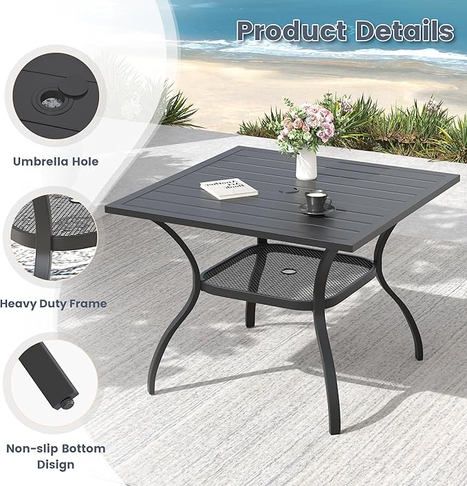 VICLLAX Outdoor Patio Dining Table for 4, Square Metal Table with Umbrella Hole and Storage Shelf for Garden, Lawn, Balcony, Deck, Black