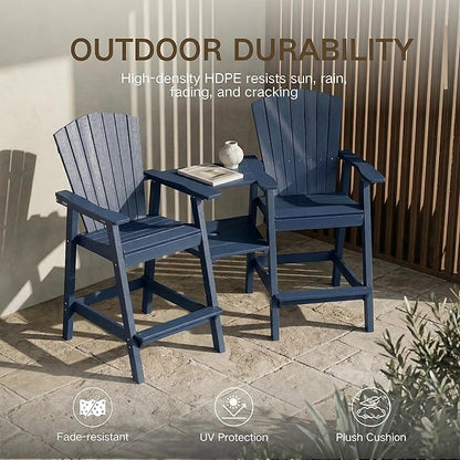 Kingdura Upgraded Tall Adirondack Chairs Set of 2, Weather Resistant HDPE Bar Height Outdoor Stools with Removable Double Connecting Trays, Wooden Grain for Patio, Balcony, Deck (Navy Blue)