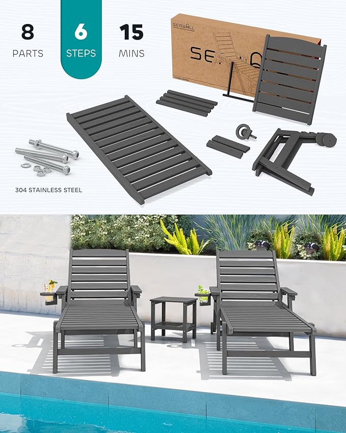 SERWALL Patio Chaise Lounge Chair Set of 4, 5 Positions Adjustable Poly Outdoor Lounger for Pool - Photo 5